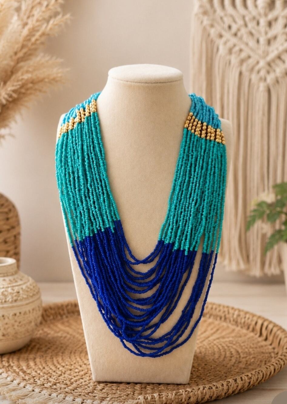 Pomina Seed Bead Multi Layered Necklace Blue New